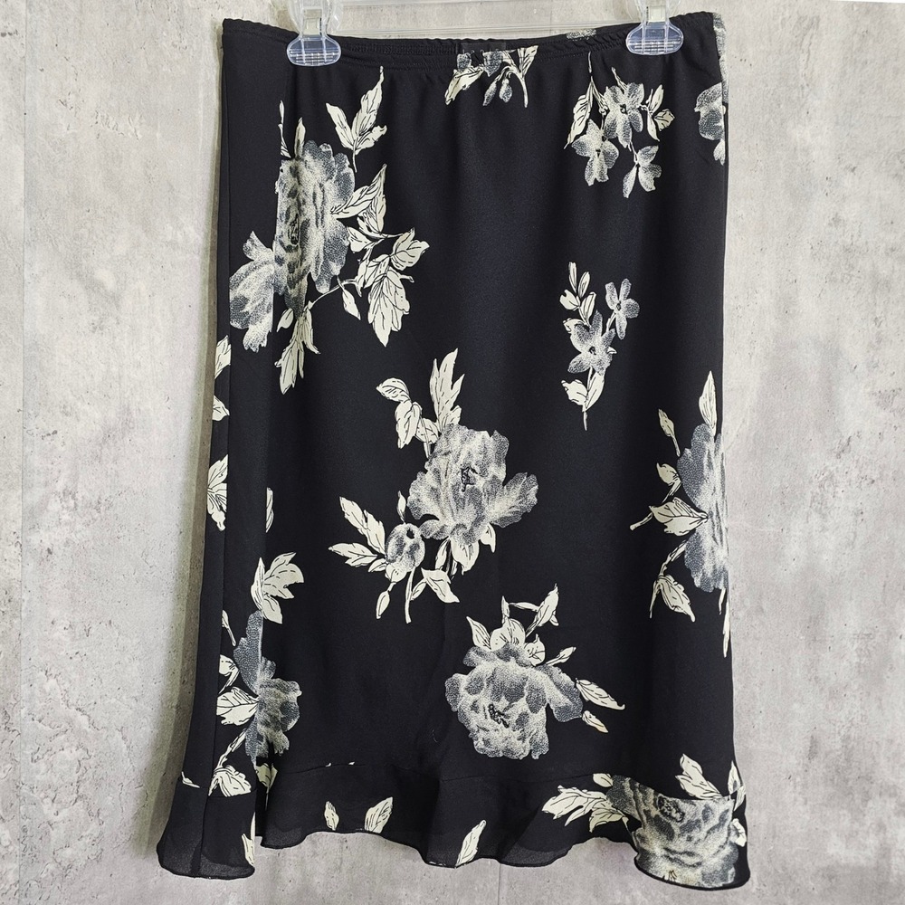 Y2k Lapis Black White Floral Midi Skirt Elastic Waist Ruffle Hem PL Whimsygoth